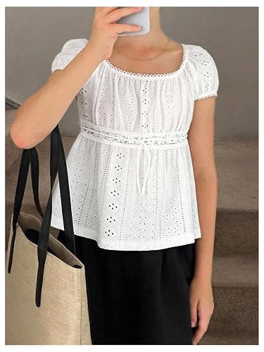 SOLY HUX Girl's Summer Cute Tops Peplum Babydoll Top Eyelet Blouses | Square Neck, Lace, Short Sleeve T-Shirts for Girls thumbnail 3