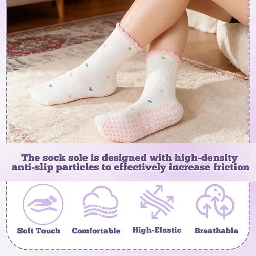 scenicamp 5 Pairs Cute Pilates Socks for Women, Ruffle Frilly Yoga Socks Non Slip Cotton Crew Socks with Embroidery Pattern thumbnail 3