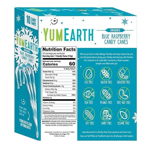 YumEarth Organic Candy Canes - Individually Wrapped Full Size Blue Raspberry Candy Canes - Dye Free, Allergy Friendly, Non GMO, Gluten Free, Vegan - 10 Count (Pack of 1) thumbnail 2