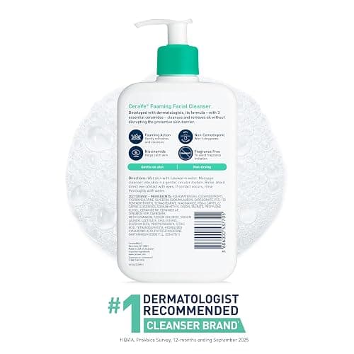 CeraVe Foaming Facial Cleanser, Face Wash for Oily Skin, 8fl oz | Skin Care with Hyaluronic Acid & Niacinamide, Makeup Remover, Daily Face Wash For Men & Women, Fragrance Free, Oil Control thumbnail 7
