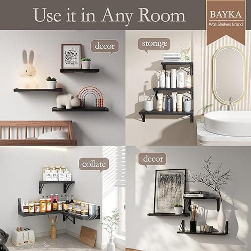 BAYKA Wall Shelves for Bedroom Decor, Floating Shelves for Wall Storage, Display Mounted Rustic Wood Shelf for Books,Plants,Corner Shelves for Bathroom,Kitchen,Living Room(Set of 4) thumbnail 5