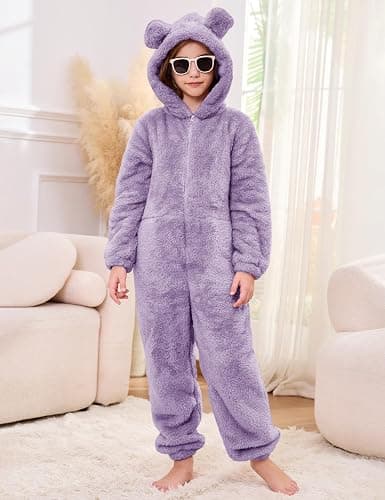 Flygo Girls Fleece Jumpsuits Fuzzy Hooded Rompers Kids Zip up Onesie Romper Costume Warm Winter Clothes 5-14 Years thumbnail 6