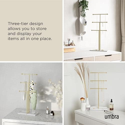 Umbra Trigem Jewelry Stand, Tiered Necklace Holder, Steel, White/Gold | Multi level design, tangle free solution, doubles as accessory tray, padded scratch protection thumbnail 6