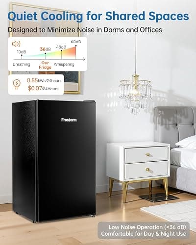 Frostorm 3.2 Cu Ft Mini Fridge with Freezer, Single Door Upright Freezer | Energy Efficient, Large Capacity, Reversible Door, ETL Certified, Small Refrigerator for Bedroom, Office & Dorm, Black thumbnail 4