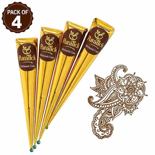 PuraTick 4 Pcs Henna Mehndi Cones Dark Brown Mehndi | All Natural Body Art Organic Herbal Temporary Tattoo | Ready to Use Henna | Pack of 4 thumbnail 8