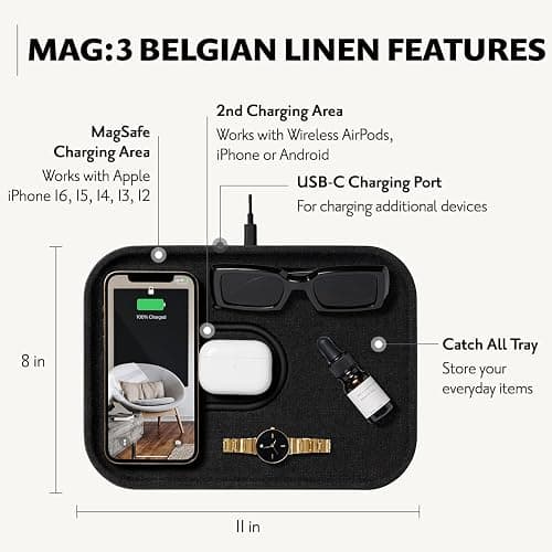 Courant MAG:3 Charger and Tray - Belgian Linen, Multi-Device Charger Compatible with MagSafe iPhones 16, 15, 14, 13, 12 or Wireless AirPod Cases (Charcoal) thumbnail 3