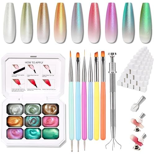 Karroy Sponge Pat Paint Nail Gel & Tools Kit, 9 Colors Ombre Nails Gradient Gel Nail Blush Blooming Aura Nails Drawing Stripper Floral Painting Nail Art, No Wipe, UV/LED Curing (9 Colors Set K) - Image 1