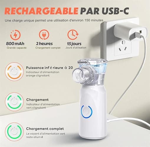 AU YAT Nebulisateur pour Adultes, Nebulisateur Portable Rechargeable pour Adultes et Enfants, Inhalateur Silencieux pour Enfants avec 2 Masques et Embout Buccal, pour Usage Domestique et en Voyage thumbnail 3