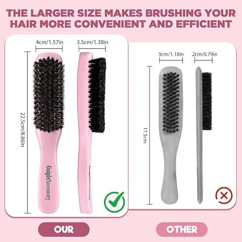Boar Bristle Slick Back Hair Brush for Smooth Flyaways, Frizz, Sleek Ponytail, Buns and Edge Baby Hair, Teasing | Hair Comb, Edge Brush, Teasing Brush Styling Accessories for Kids, Women & Men (Pink) thumbnail 5