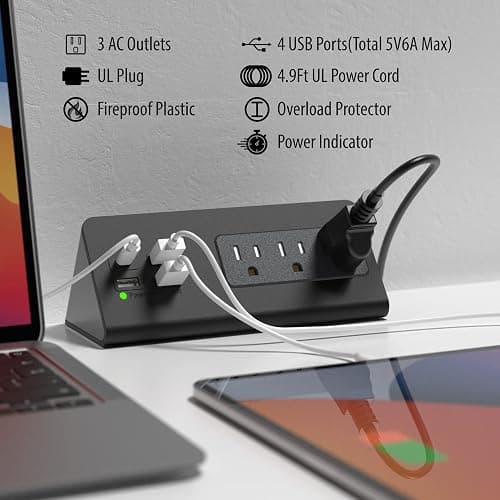 Nightstand Edge Mount Power Strip with USB-C Ports Tabletop Surge Protector Desk Clamp Power Sockets with 3 AC Outlets &4 Fast Charging USB Ports for Home Office Hotel and Dormitory (Black(2-Pack)) thumbnail 2