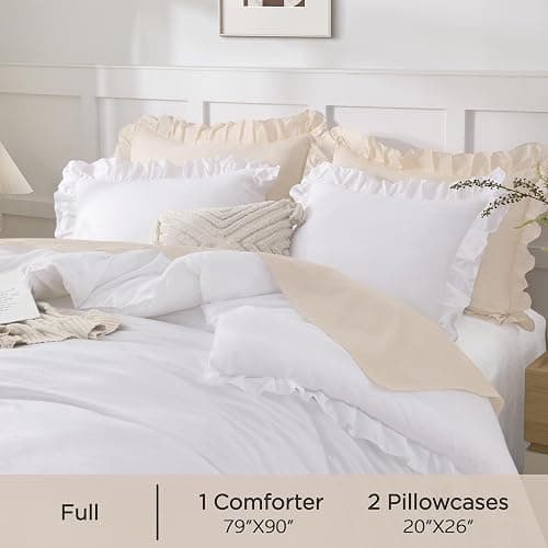 Andency Comforter Full Size Set White, 3 Pieces Ruffle Farmhouse Shabby Chic Gift Full Comforter Set, Soft Lightweight Fluffy All Season Room Decor Bed Set for Girls Women Teens Daughter thumbnail 5
