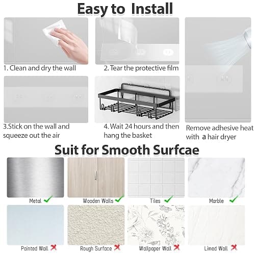 Liuoud 5 Pack Shower Caddy Organizer Rack Shelf for Inside Shower, Adhesive Bathroom Wall Storage Basket Rustproof Stainless Steel Shampoo Holder, Bathroom Accessory Decor Set, Black. thumbnail 7