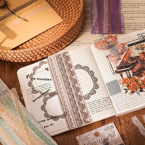 Obujopal 40 Pcs Transparent Lace PET Stickers for Scrapbooking Junk Journal Card Making Collage Diary Planner Notebook Letter Photo Album Craft Project Decoration, 5 Patterns (Brown) thumbnail 4