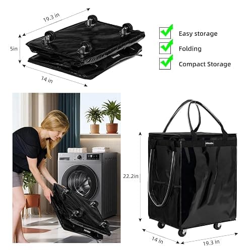 (Large, Black) Reusable Grocery Bag on 5 Wheels, Foldable Rolling Tote Carries Up to 76lb Shopping Trolley, Rolling Bag with 3 Handles, Zipper Clouser Rolling Tote Bag with Wheels for Laundry thumbnail 4