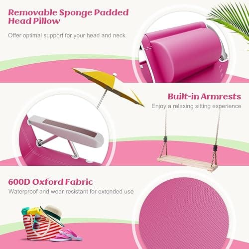 Giantex Beach Chair, Foldable Backpack Chair with 5 Adjustable Position, Cup Holder, Storage Pockets, Straps, Towel Rack, Pillow, 330lbs Aluminum Lay Flat Chairs for Outdoor Camping, Pink thumbnail 8