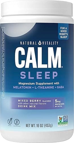 Natural Vitality Calm Sleep, Melatonin & Magnesium Citrate, Sleep Aid Drink Mix, GABA, Aid, Vegan, Gluten Free Non-GMO, Mixed Berry, 16 Oz - Mixed Berry - 16 Ounce (Pack of 1)