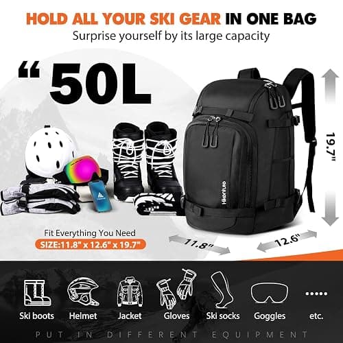 Hikenture Ski Boot Bag Backpack, 50L Padded Ski Bag & Snowboard Boot Bag with Drain Holes, Large Capacity Water-Resistant Ski Travel Bag for Ski Boots, Helmet, Goggles, Clothes, Gloves, Snowboard Gear - Black thumbnail 2