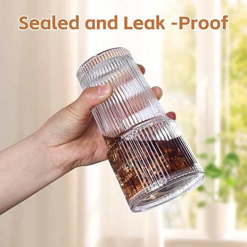 AUFXKOO 20oz Ribbed Glass Cups with Lids and Straws,2PCS Glass Tumbler with Straw and Lid,Drinking Glasses for Iced Coffee Cups,Juice,Smoothies thumbnail 6