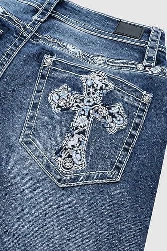 Flamingals Embroidered Bootcut Jeans for Women Mid Rise Stretchy Criss Cross Graphic Curvy Bell Bottom Jeans thumbnail 7