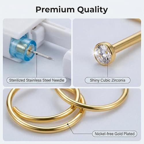 DJCIW 22PCS Nose Piercing Kit, Nose Piercing Guns with Preloaded 316L Stainless Steel 20G Nose Studs, UV Nose Screw Studs, and Nose Hoop Rings 6mm 8mm 10mm for Men Women Nose Piercing Golden thumbnail 5