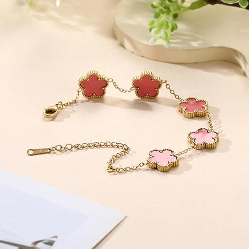 TICVSS Four Leaf Clover Bracelet for Women 18K Gold Plated Stainless Steel Lucky 4 Leaf Gold Link Bracelet Jewelry Gift for Women thumbnail 4