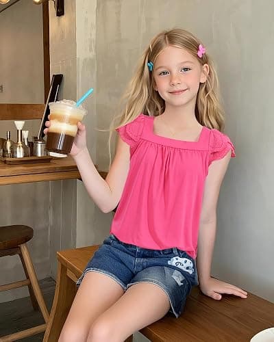 KEREDA Girls Short Sleeve Shirts Summer Tunic Tops Lace Openwork Ruffled Girls Cute Square Neck Clothes Blouse 5-14 Years thumbnail 3