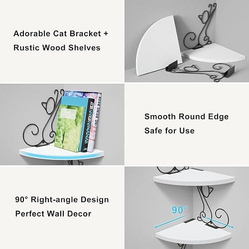 Alsonerbay 4-Tier Cat Shaped Corner Floating Shelf Wall Mount, White | Curved solid wood, 35.2 lbs total capacity, reinforced metal bracket, rustic decor, for bedroom, living room & kitchen thumbnail 9