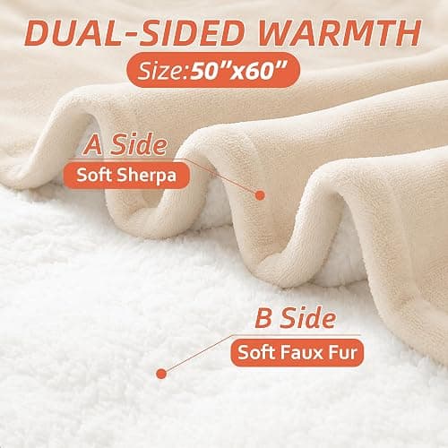 BEARKISS Electric Heated Blanket,50"x60" Heating Throw Flannel Cream | ETL Certified 9 Setting Electric Heated Throw Blanket,Machine Washable Auto Off for couch Bed Office, Gifts for Women Grandpa thumbnail 3