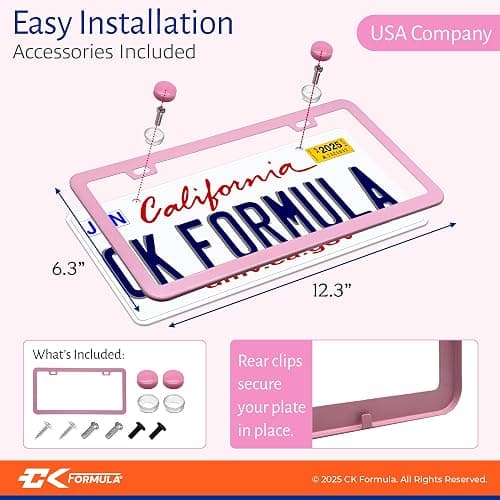 Premium Baby Pink License Plate Frames 2-Pack, Rust-Proof & Rattle-Proof Stainless Steel, Street Legal, Universal Slim Fit with Screw Caps, Cute & Durable Car Tag Holders, Car Accessories for Women thumbnail 6
