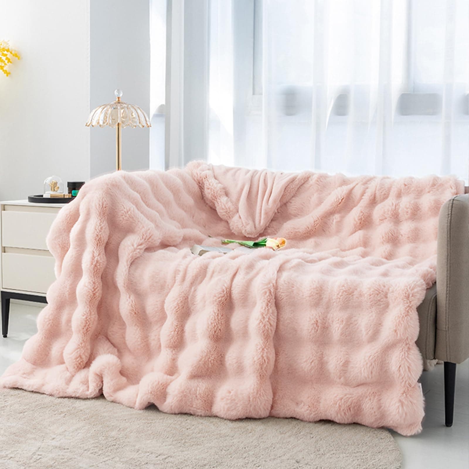 Super Comfort Oversized Warm Thick Bubble Plush Rabbit Faux Fur Throw Blanket, Luxury Plush Throw Blanket, 51×63in Soft Cozy Blanket, Warm Bed Throws for Couch Chair Bed Sofa (Cherry Blossom Pink) thumbnail 2