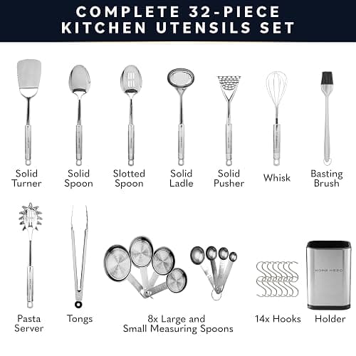 Home Hero 32-Piece Stainless Steel Kitchen Utensil Set - Heat-Resistant Nonstick Silicone Tools - Durable Stainless Steel Cooking Tools - Measuring Cups & Spoons with Holder - 32 Pc, Silver thumbnail 3