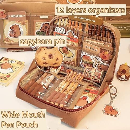 NAPIMICO Cute Capybara Pencil Case with 12 Compartments 90° Wide Opening Mouth Pencil Pouch with Kawaii Pins Plush Cute Stationery (Brown) thumbnail 3