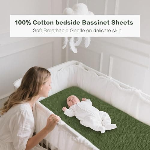 Coreeky Muslin Bedside Sleeper Bassinet Fitted Sheets, 3 Pack Cotton Baby Sheet for Boys & Girls, Soft, Compatible with Baby Delight, Dream On Me, AMKE and Other Rectangle Mattress (Leaf Green) thumbnail 3