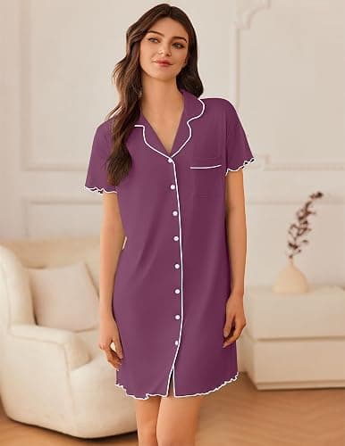 Ekouaer Nightgowns for Women Button Down Sleep Shirt Short Sleeve NightShirts Boyfriend Sleepdress Soft Pajama Dress thumbnail 2