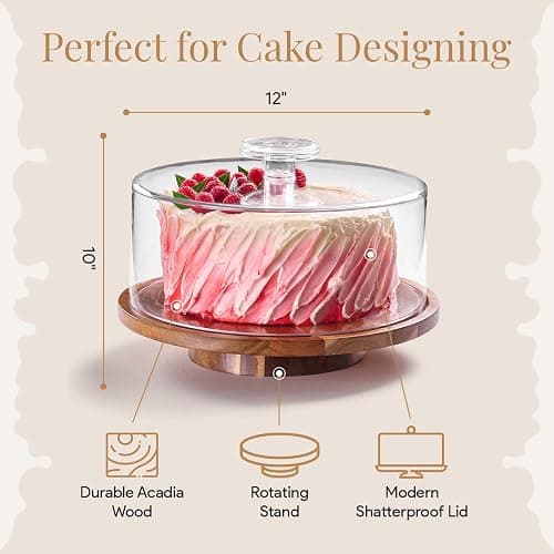 HOMESPHERE Rotating Cake Stand With Lid - 12 Inch Round Cake Holder with Cover, 4” Tall, Acacia Wood Spinning Cake Turntable for Decorating, Display and Serving Platter, Acrylic Cake Dome, No Glass thumbnail 2