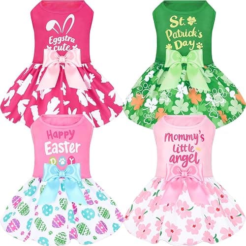XPUDAC 4 Pack Mother's Day Dog Dress with Bowknot Cute Dog Clothes Puppy Skirt Bunny Egg Mommy Floral Holiday Pet Outfit for Girls, L - Image 1