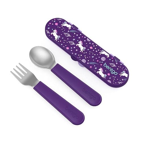Bentgo Kids Stainless Steel Utensil Set - Reusable Fork, Spoon & Storage Case, PFAS- & BPA-Free, Easy-Grip Handles, Lightweight, Dishwasher Safe, School Lunch, Travel & Outdoors (Unicorn) - Image 1