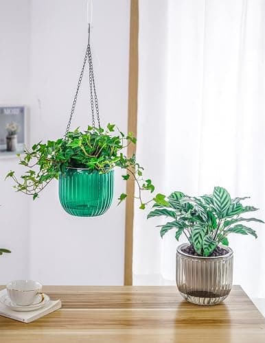Melphoe 2 Pack Self Watering Hanging Planters Indoor Flower Pots, 6.5 Inch Outdoor Hanging Plant Basket, Hanger with 3Hooks Drainage Holes for Garden Home (Emerald + Gray) thumbnail 2