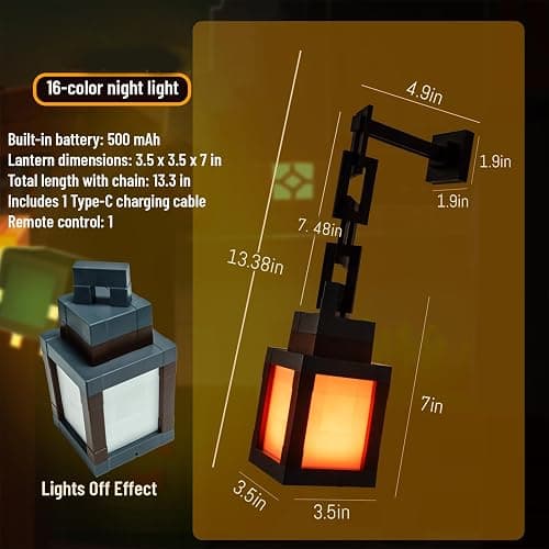 Pixelated Lantern LED Night Light, 16-Color Led Wall Mood Night Light with Remote Control, Rechargeable Table/Wall Night Lamp, for Bedroom & Home Decoration (with Chain) thumbnail 7