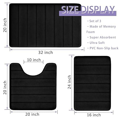 Bathroom Rugs Set Memory Foam Bath Rugs Non-Slip Bath Mat Set 3 Piece,Washable Bathroom Mats,Absorbent Shaggy Rugs Super Soft U-Shaped Toilet Rug,Bahroom Carpets for Bathroom,Tub,Shower（Black） thumbnail 3