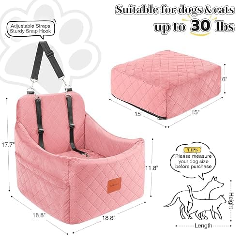 INDYBUD Dog Car Seats for Small Medium Dogs, Portable Detachable Washable Puppy Car Seat for Dog Up to 35lbs, Pet Booster Seat with Storage Pockets and Safety Belt (Pink, Medium) thumbnail 2
