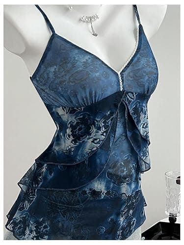 Verdusa Women's Y2k Top Cute Babydoll Tank Tops Floral 2000s Clothing Going Out Mesh Camisole Whimsical Clothes thumbnail 4