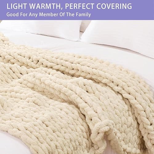 Bigacogo Chunky Knit Throw Blanket for Couch, 40x60 inches, Beige | Hand Knit with Jumbo Chenille, Soft Breathable Cable Knit for Sofa Bed Living Room, Machine Washable, Gift for Mom Friend thumbnail 3