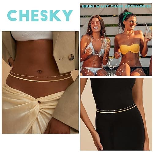 CHESKY 14K Gold Plated Silver Plated Waist Chain for Women, Layered Belly Belt Chains Beach Waist Beads Chain Waterproof Snake Cuban Body Chain Summer Jewelry Accessories for Women thumbnail 5