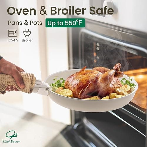 Chef Power Ceramic Cookware Set Non Toxic with Detachable Handles, Healthy Nonstick Pans and Pots Set 19 Pcs, Induction Dishwasher Oven Safe Kitchen Set, PFAS PFOA & PTFE Free, Cream White thumbnail 7