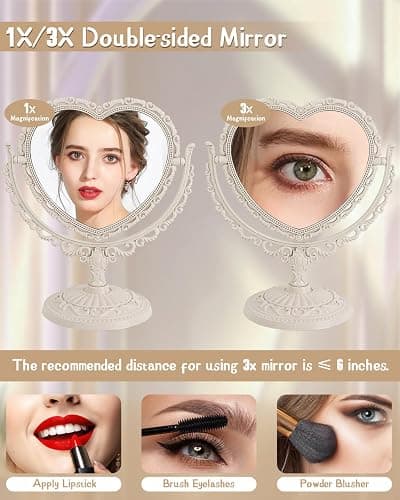 D&XQAUO Vintage Heart Mirror for Desk Cute Coquette Room Decor,Vanity & Bathroom Double-Sided Rotating Makeup Table Mirror with Stand thumbnail 5