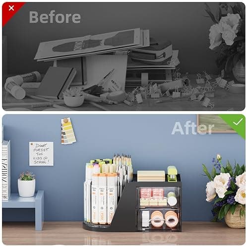 Marbrasse Desk Organizer with 2 Drawer, 360°Rotating Pen Holder, Desk Organizers and Accessories with 6 Slots Pencil Holder + 2 Drawer, Art Supply Storage Box Caddy for Office (Black) thumbnail 7