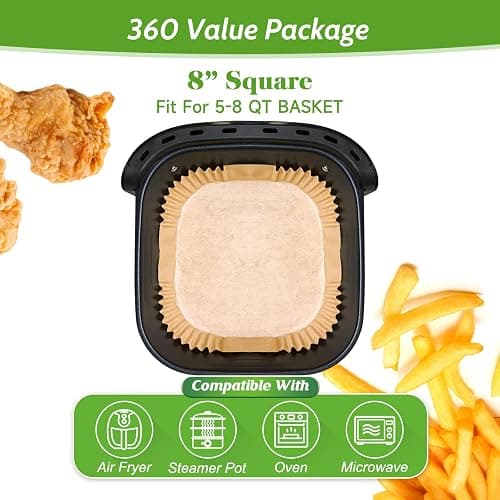 360 Pcs 8” Square Unbleached Heavy Duty Air Fryer Paper Liners Disposable, Non-Stick & Non-Leak Parchment Paper Liners for Airfryer Basket, Deep Fryer Parts & Accessories thumbnail 3