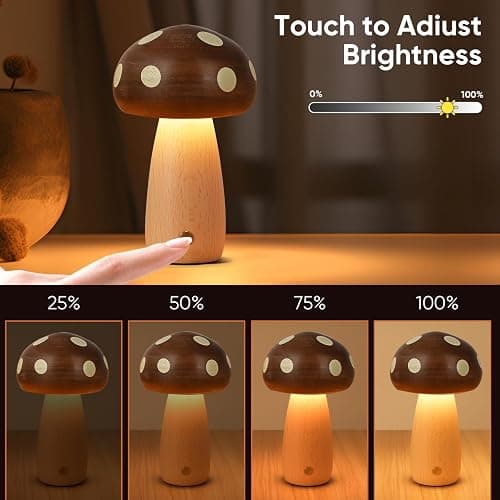 LONRISWAY LED Wooden Mushroom Lamp for Bedroom,Portable Cordless Touch Switch Small Rechargeable Battery Operated Lamp,Stepless Dimming, Night Light for Birthday Gifts thumbnail 4