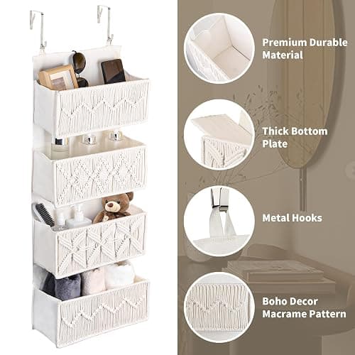 janebeauties Over the Door Organizer Macrame Boho Nursery Storage with 4 Large Woven Pockets, Hanging Basket for Bathroom, Nursery & Closet Doors, Behind the Door Storage Organizer, Cream White thumbnail 4